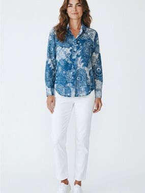 Coldwater Creek Blue Blouse Floral Paisley Shirt Silk Cotton Blend Medium Petite